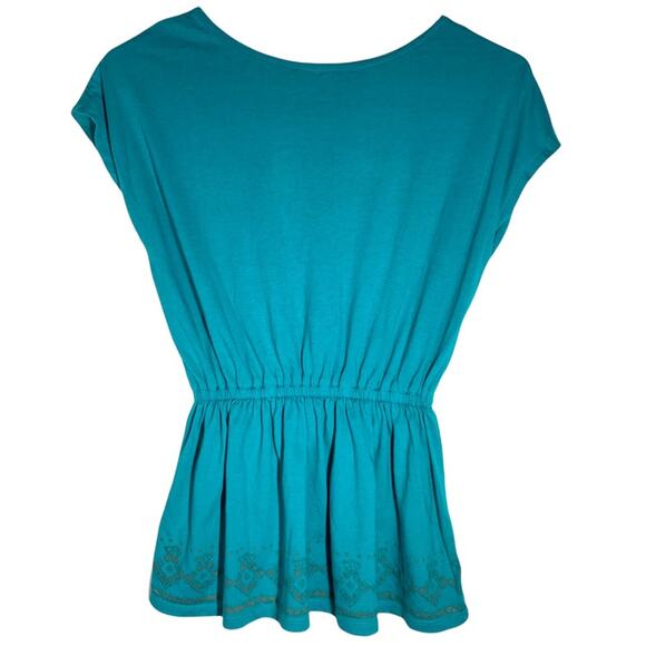 Chaps Tribal Short Sleeve Tie Front Top Green Gold Metallic Print Womens Size 5 - Picture 2 of 3